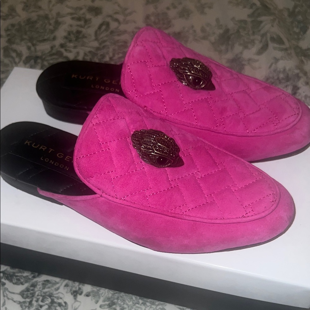 Kurt Geiger Pink Quilted Suede Slip-On Mules with Gold Emblem